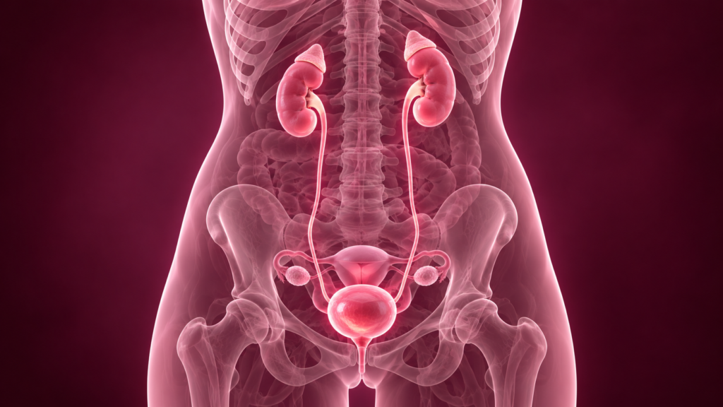 cistite ricorrente, illustrazione dell’apparato urinario femminile